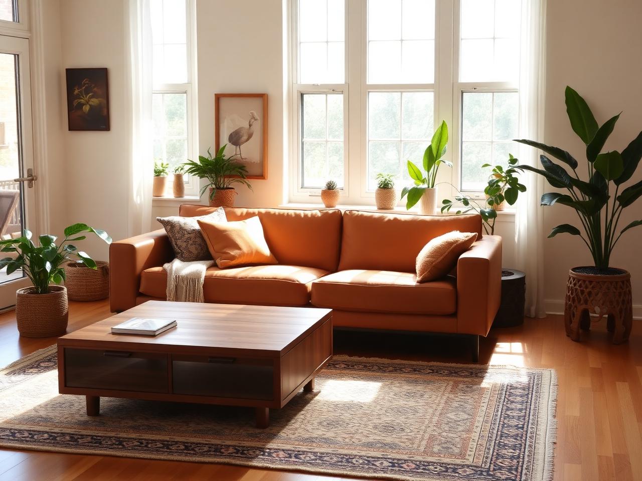 Warm modern living room furnished with pre-loved pieces